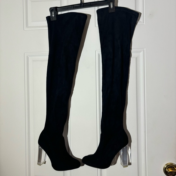 Wild Diva Blossom Faux Suede Thigh High Lucite Block Heel Boot, Size 7 - Picture 5 of 12